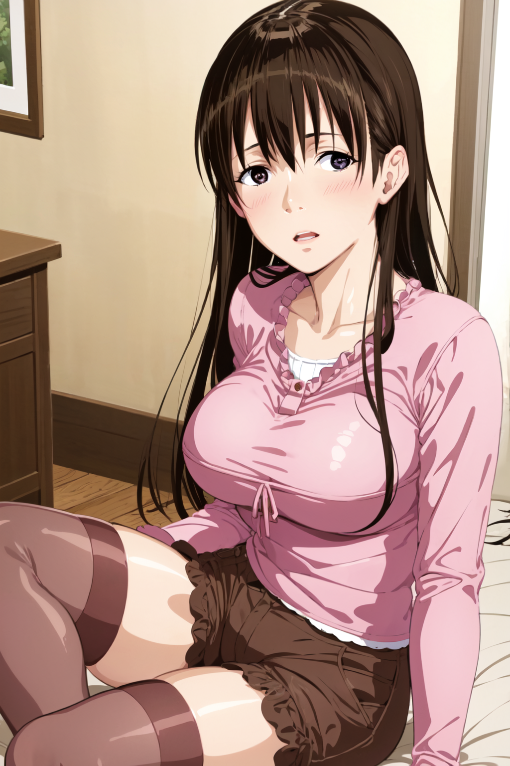66323-2472550631-karense, 1girl, solo, pink shirt, long sleeves, brown shorts, pink thighhighs, sitting, bed, parted lips, looking at viewer  _lo.png